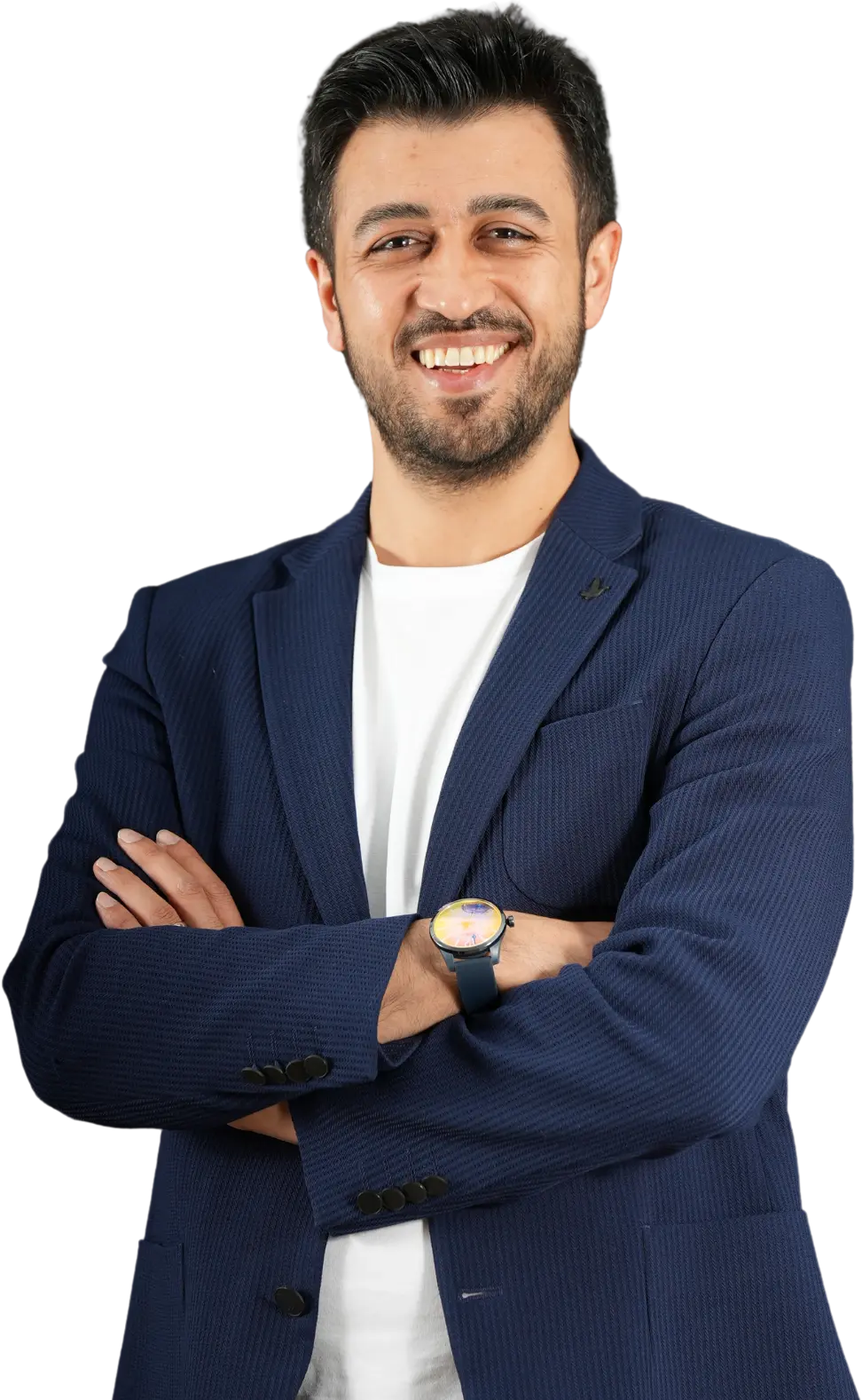 Assoc. Prof. Dr. Nesrettin Fatih Turgut smiling, dressed in a navy blue blazer and white t-shirt with arms crossed.